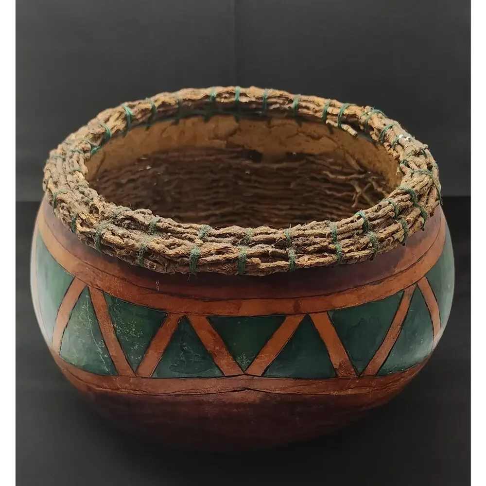 Natural Gourd Basket weaved twigs and hand painted